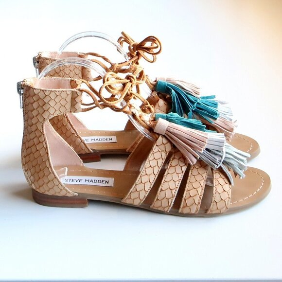 Steve Madden Monrowe Tan Leather Ankle Tie Tassel Gladiator Sandals Summer Shoes - Picture 3 of 15